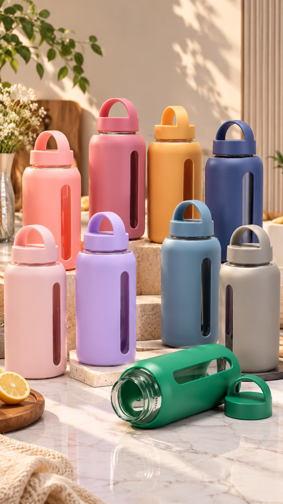 Glass Water Bottle with Silicone Sleeve & 2 Lids