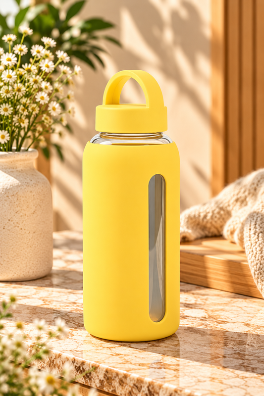 Glass Water Bottle with Silicone Sleeve & 2 Lids
