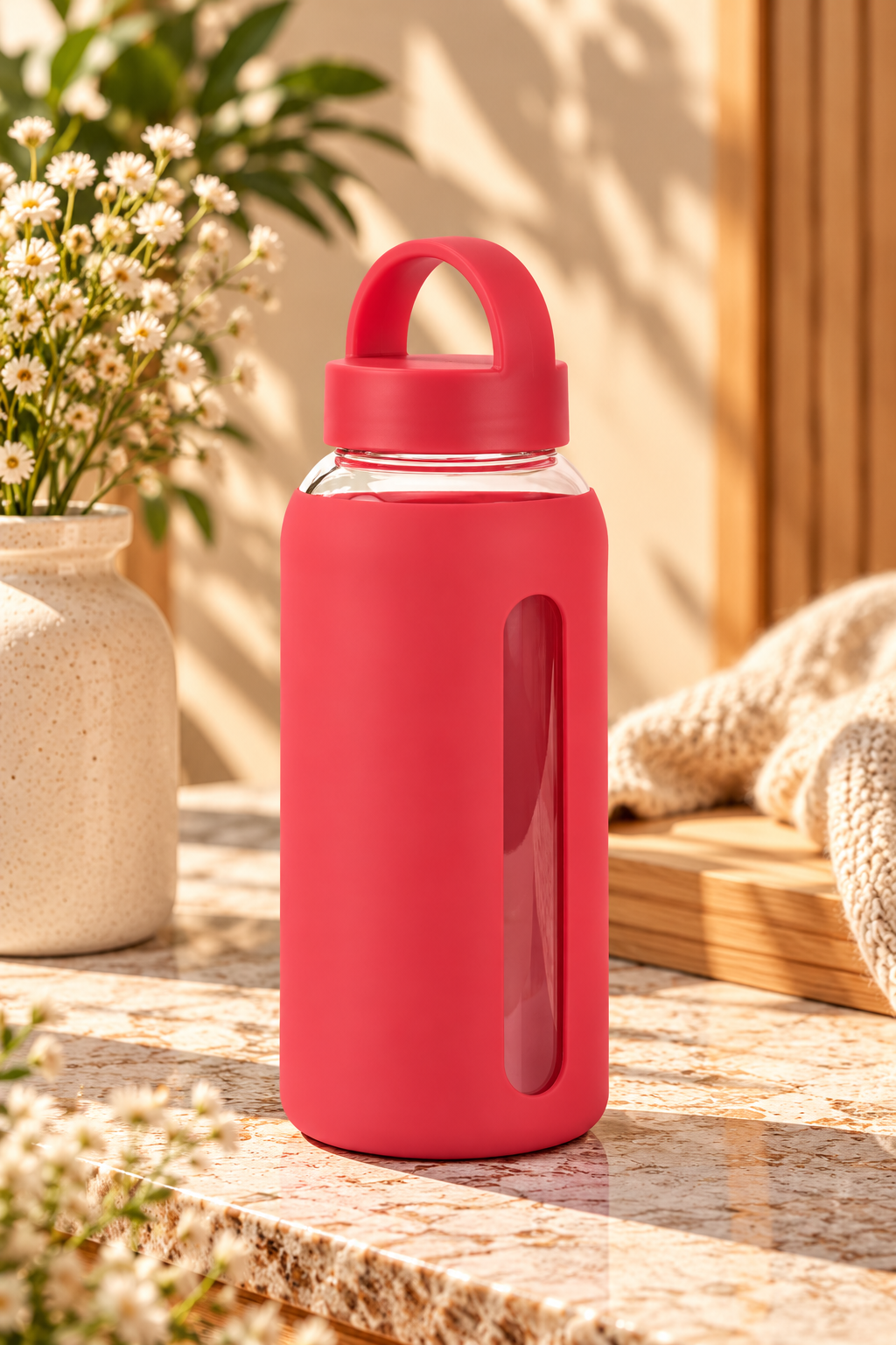 Glass Water Bottle with Silicone Sleeve & 2 Lids
