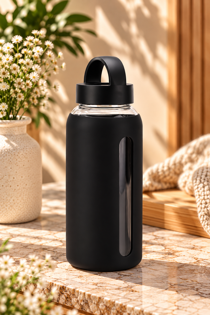 Glass Water Bottle with Silicone Sleeve & 2 Lids