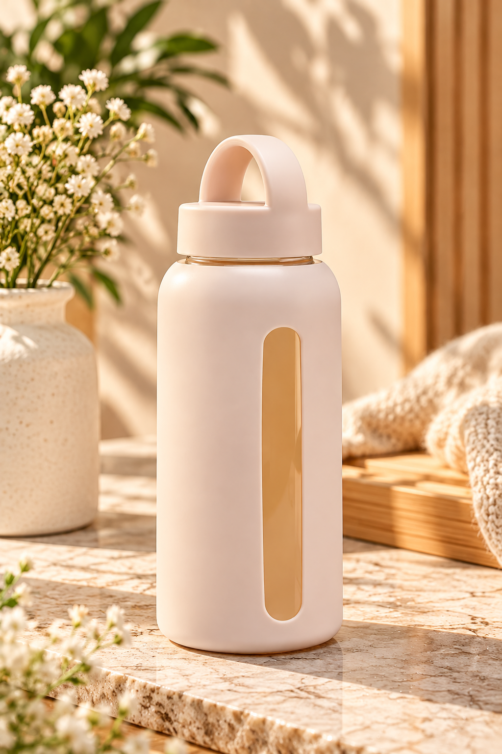 Glass Water Bottle with Silicone Sleeve & 2 Lids