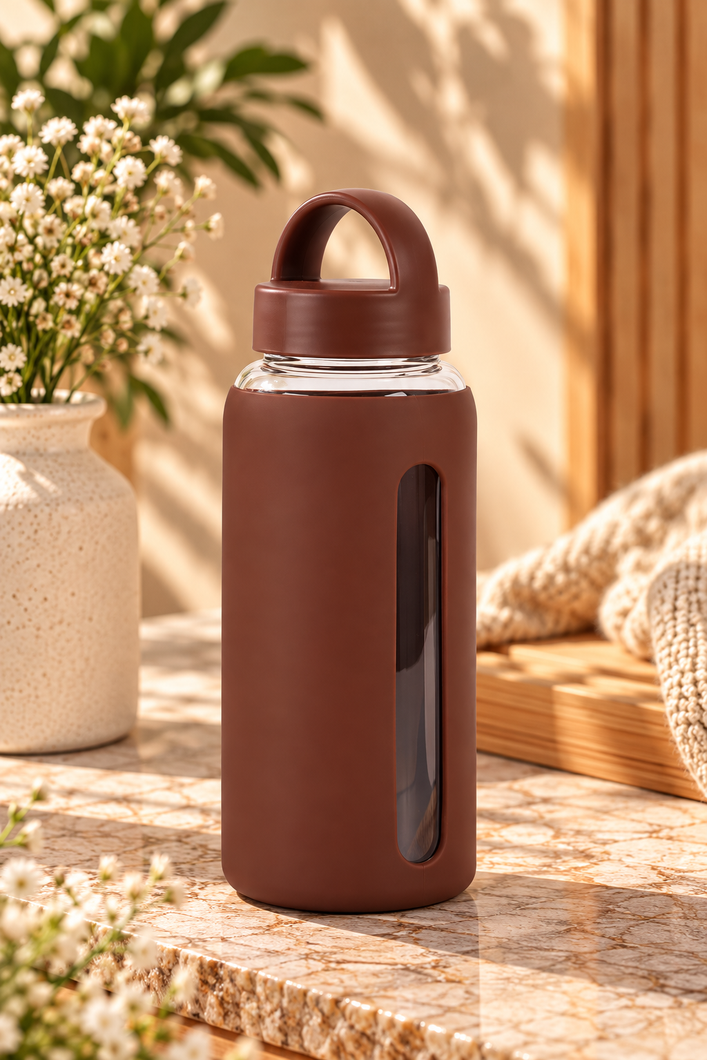 Glass Water Bottle with Silicone Sleeve & 2 Lids