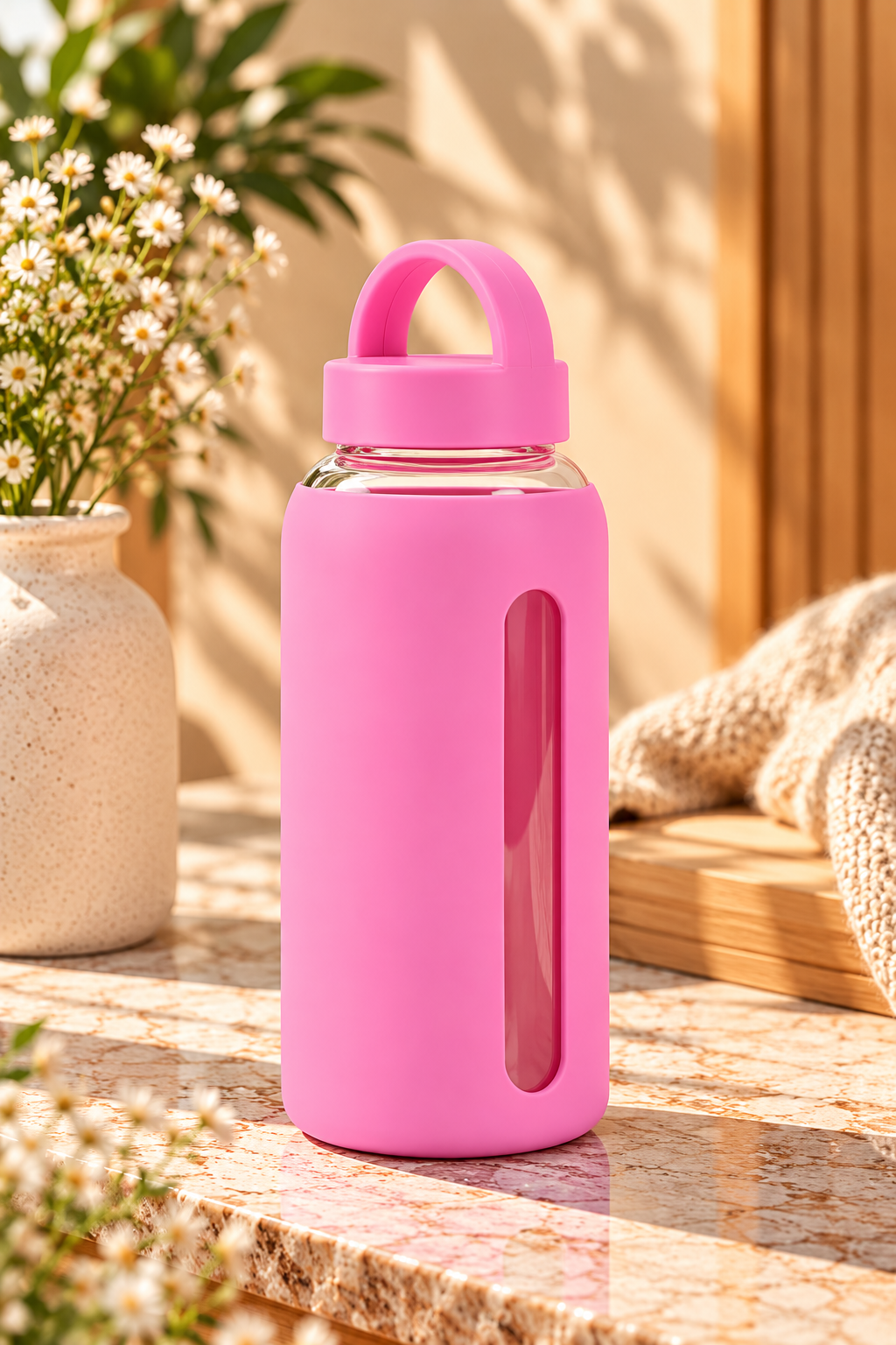 Glass Water Bottle with Silicone Sleeve & 2 Lids